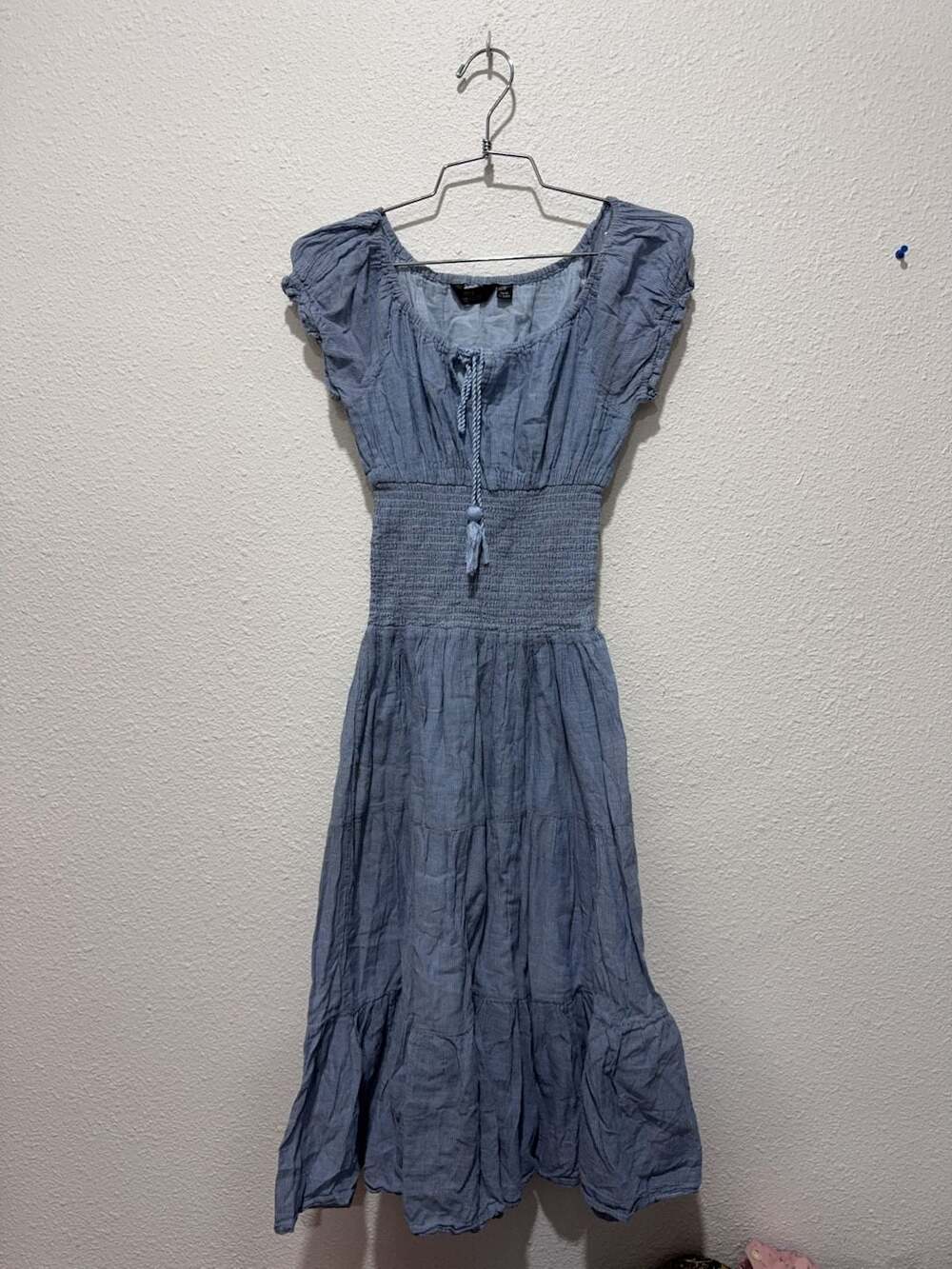 Mlle Gabrielle Blue Striped Smocked Tiered Midi Dress Size S